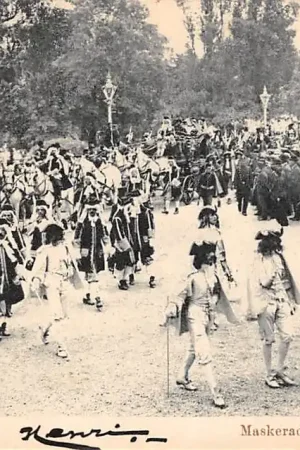 Leiden Maskerade 1905 52 Studenten in optocht als militair en edellieden Paard en koets met stadhouder Willem III HC53135 Promocja