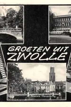 Zwolle Groeten uit 1958 IJsselbrug Sassenbrug Nieuwe Havenbrug Zeven Alleetjes en Burg. van Royensingel HC53020 Ekspresowa dostawa