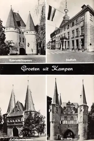 Kampen Koormarktspoort Stadhuis Cellebroederspoort en Broeder poort 1966 HC53002 Autentyczny