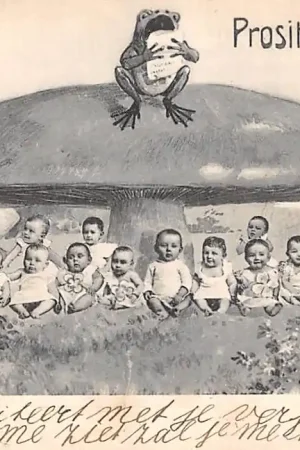 Fantasie Kind Kikker op paddenstoel met baby's eronder Humor Vintage Prosit Neujahr 1900 HC52837 Tylko dziś