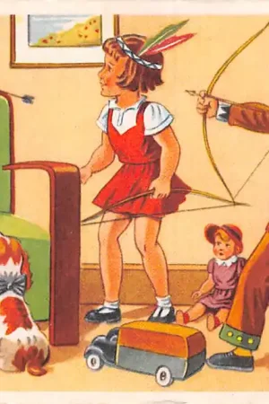 Fantasie Kind Jongen en meisje spelen Indiaantje Pijl en boog 1957 Vintage HC52615 Szybka dostawa