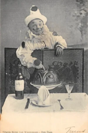 Oryginalny Fantasie Pierrot bij de tafel Clown 1905 Vintage Kind HC52191