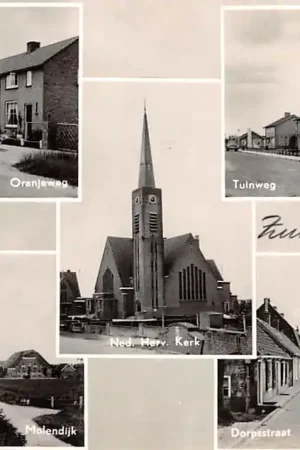Zuid-Beijerland Oranjeweg Molendijk Molen Ned. herv. Kerk Tuinweg Dorpstraat 1958 Hoeksche Waard HC51260 Popularny