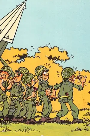 Militair Humor Soldaten oefenen het afschieten met een stuk luchtafweergeschut met pijltje op het dartbord Illustrator Jan-Pol Cartoon HC51027 Zamów teraz