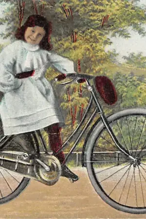 Fantasie Kind Meisje op damesfiets 1909 Fietsen Vintage HC50987 Autentyczny