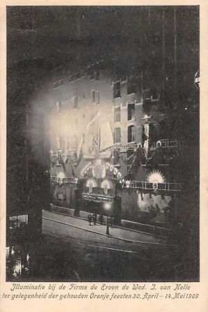Rotterdam Illuminatie bij de Firma de Erven Wed. J. van Nelle ter gelegenheid der gehouden Oranjefeesten 30 april - 14 Mei 1909 Koningshuis HC50803 Darmowa dostawa