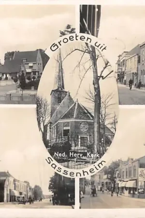 Sassenheim Groeten uit 1947 Gemeentehuis Klapbrug Hoofdstraat Ned. Herv. Kerk HC50782 Wysoka jakość