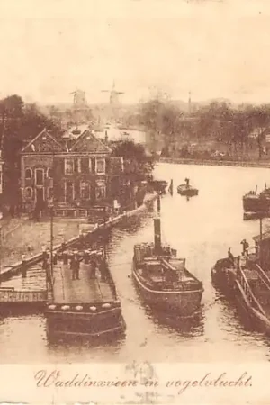 Waddinxveen in vogelvlucht Draaibrug over de Gouwe Binnenvaart schepen Molens Scheepvaart 1919 HC50751 Wyprzedaż
