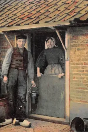 Kup teraz Huizen Gooi Over de onderdeur Boer en boerin in klederdracht 1904 Vintage HC50335