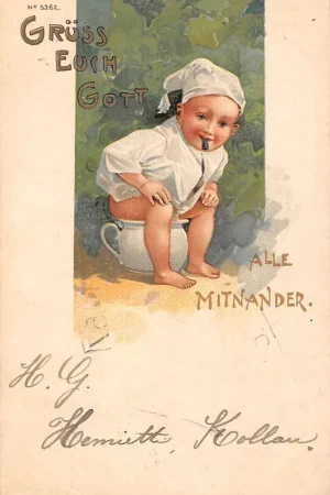 Fantasie Humor Peuter op de pot Gruss Euch Gott Alle mitnander 1902 Vintage HC50326 Oryginalny