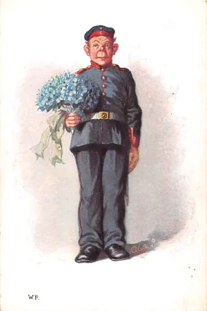 Militair Duite soldaat met bos bloemen Serie Krieg im Frieden No. 939 Oilette W.F. Deutschland Fantasie Vintage HC50319 Premium