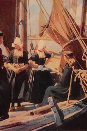 Volendam In de haven Vissers en hun vrouwen op het schip 1910 Klederdracht Vintage HC50107 Premium