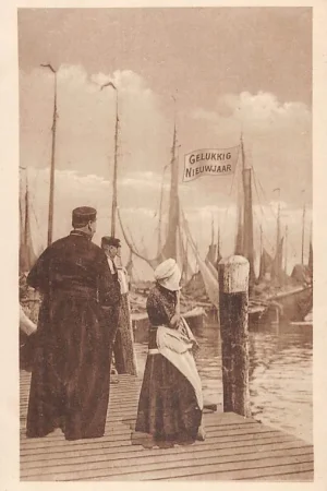 Gelukkig Nieuwjaar Vissers en Vrouw in de haven bij de vissersschepen Klederdracht Schepen Scheepvaart Vintage HC49240 Darmowa dostawa