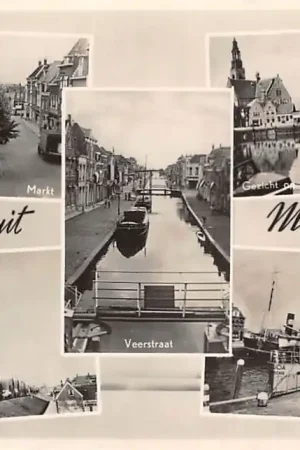 Tylko dziś Maassluis Groeten uit 1952 Markt Veerstraat Molen met Zuiddijk Gezicht op N.H. Kerk en Haven HC48992