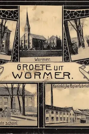 Wysoka jakość Wormer Groete uit 1907 Papierfabriek De Eendracht Hulp postkantoor Gemeente School Raadhuis Fabriek Kerk HC48760