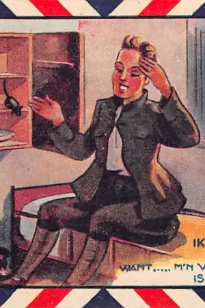 Militair Mobilisatie 1939 \\/ 1940 WO2 Ik droomde dat ik een pakje kreeg ..Soldaat op zijn kamer Cartoon Illustrator HC48556 Wysoka jakość