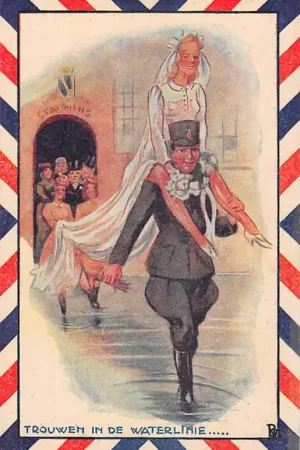 Kup teraz Militair Mobilisatie 1939 1940 WO2 Trouwen in de waterlinie ... Soldaat met bruid Cartoon Illustrator HC48554