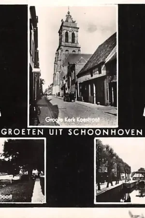 Oryginalny Schoonhoven Groeten uit 1949 Stadhuis Groote Kerk Koestraat Veerpoort Noodhaven Haven HC48371