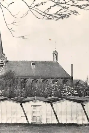 Ekspresowa dostawa Berkel en Rodenrijs Berkel (ZH) N.H. kerk met kassen op de voorgrond 1960 HC48064