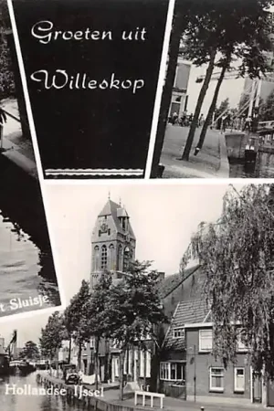 Popularny Oudewater Groeten uit Willeskop 's Sluisje met visser IJsselbrug Hollandse IJssel 1966 HC47996