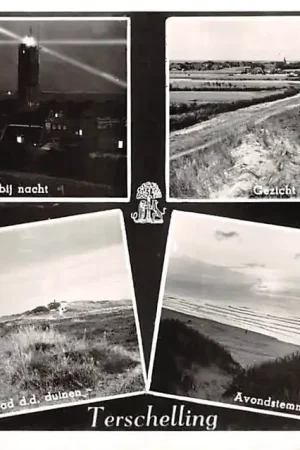 Autentyczny Terschelling Het mooie eiland Brandaris bij nacht Gezicht op Hoorn Rijwielpad d.d. duinen en Avondstemming 1959 HC47272